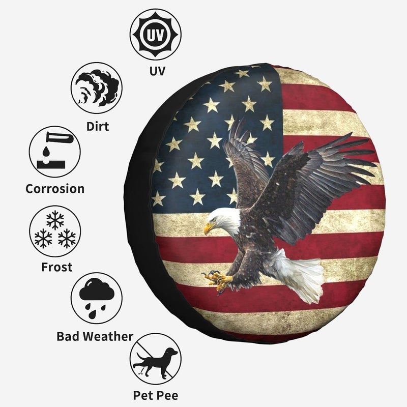 BMPUDERY Spare Tire Cover Bald Eagle American Flag Tire Covers Protector Wheel Tire Covers Weather-Proof for Trailer RV SUV Truck Camper Travel Trailer Accessories Polyester (Bald Eagle, 15inch) - Image 2